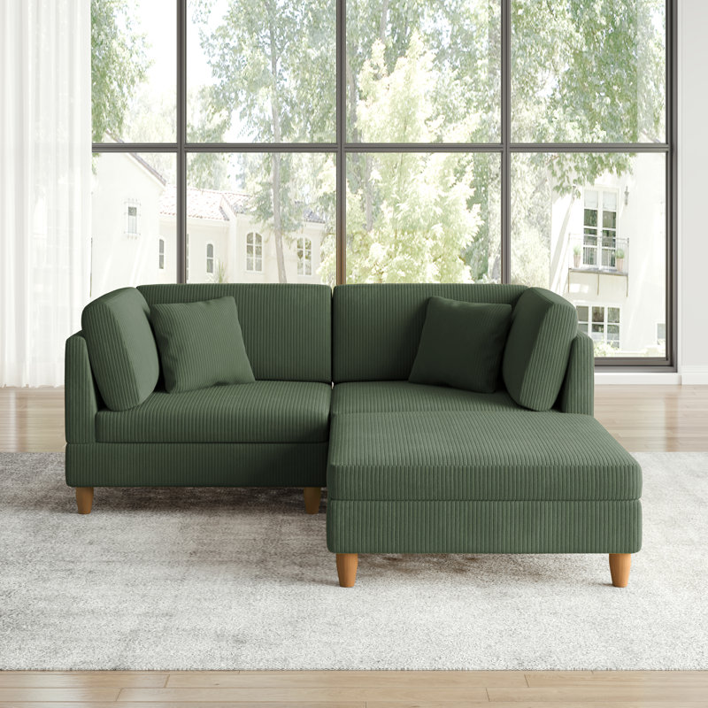 Seemab 3 - Piece Upholstered Green Corduroy Modular Sectional with Pillow Back and Removable Ottoman, Green