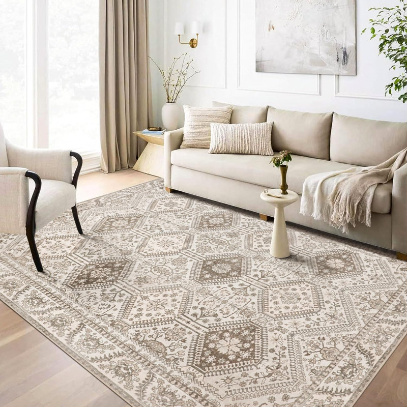 Tapis 8 x 10, lavable à la machine, antidérapant, chenille rétro, crème