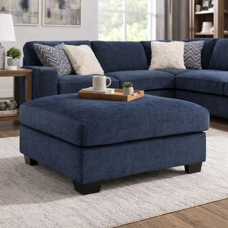 Repose-pieds surdimensionné Avie, détails en faux bois, polyester bleu marine 38 pouces