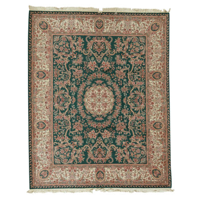 Hand Knotted Wool Oriental Area Rug in Green And Ivory