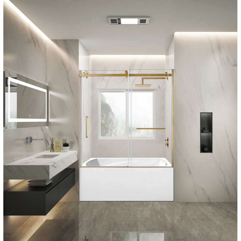 Kingston Brass 60-Inch Acrylic Rectangular 3-Wall Alcove Tub With Tub Door, Hand Drain, Brushed Brass, Right