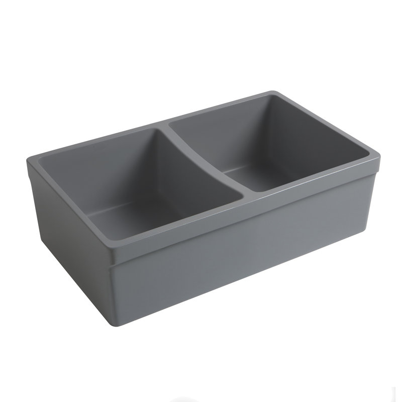Whitehaus 33” Reversible Double Bowl Fireclay Kitchen Sink: 2-1/2" Lip and Fluted, 2" Lip Front Apron, Matte Cement
