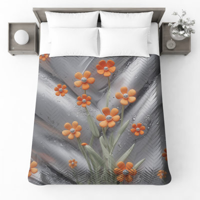 Fleurs orange sur couvre-lit matelassé argent toutes tailles