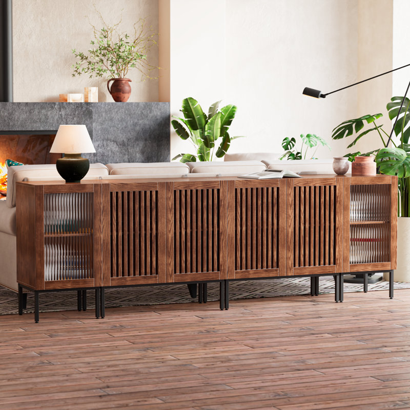 Storage Cabinet,95" Farmhouse Sideboard Buffet Cabinet With Metal Base And Adjustable Shelves,coffee Bar Cabinet With Glass Doors For Dining Room,living Room,kitchen,oak