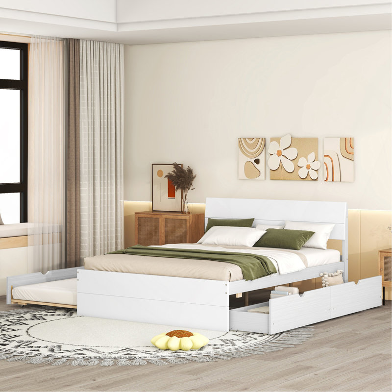 Cadre de lit double moderne avec lit gigogne simple et 2 tiroirs pour blanc brillant et blanc délavé