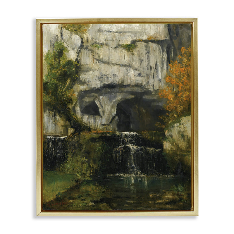 "Classic Courbet Waterfall", encadrée par Floater, H 31 po x l 25 po, Cadre flottant métallique doré