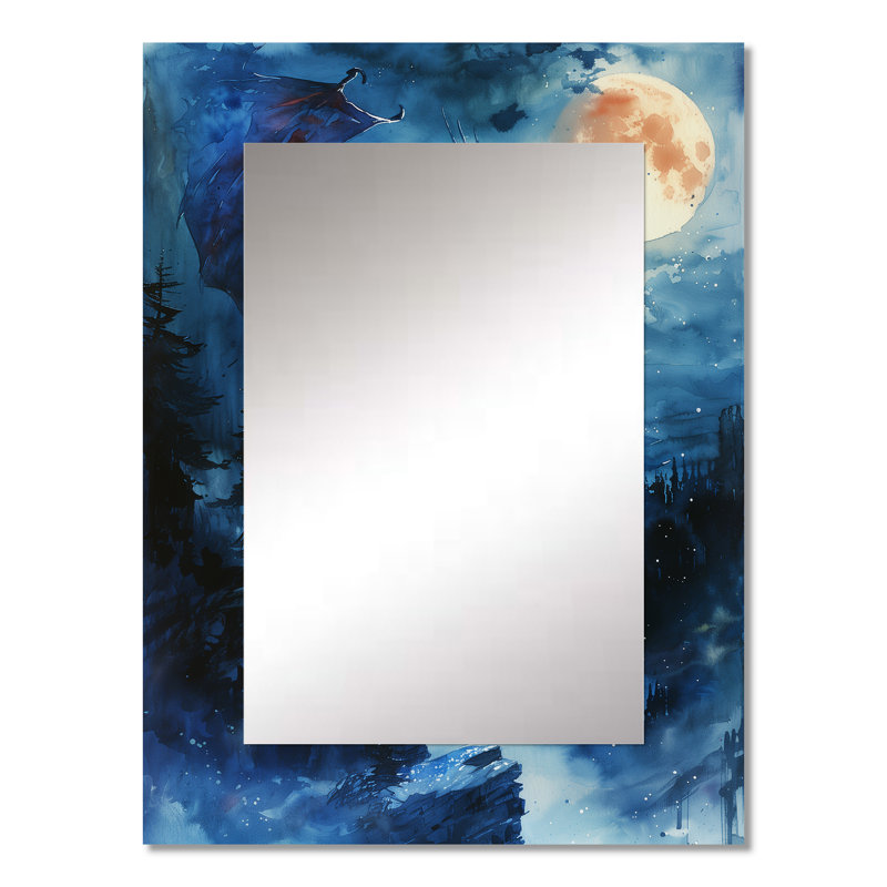«Blue Moonlit Flight Dragon I - Dragons», miroir décoratif moderne, impression sur métal, 32 po x 24 po