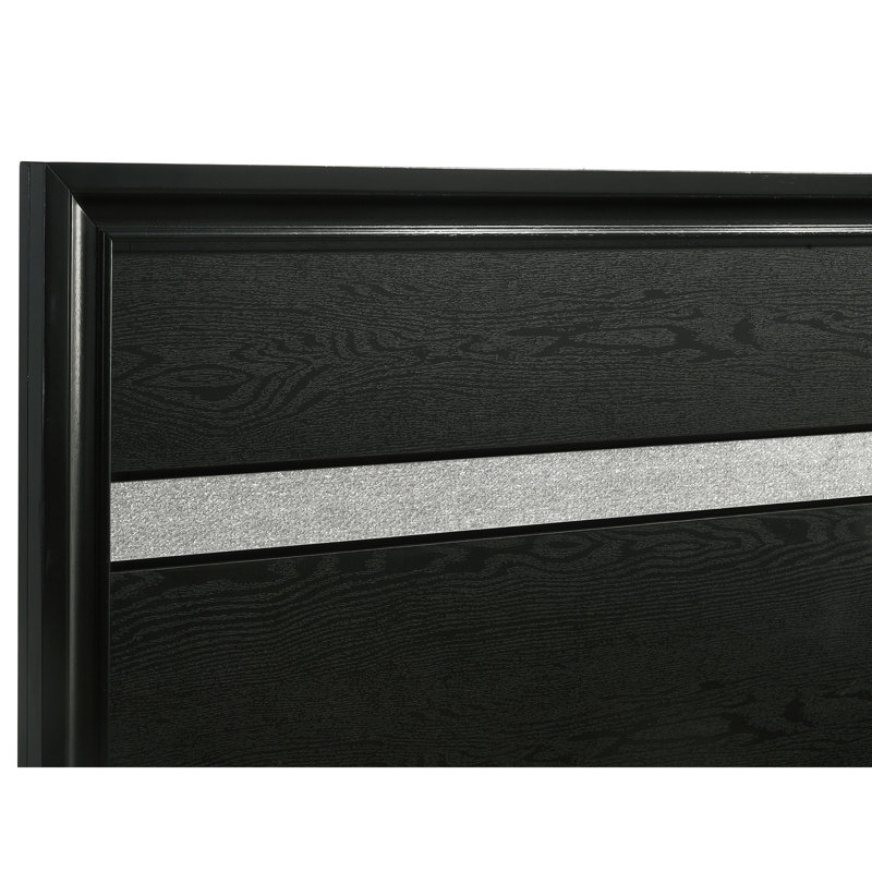Très grand lit noir avec rangement, plateforme à lattes, aucune fondation nécessaire, poignées de style cristal, lit de rangement à cadre biseauté, tête de lit, tiroirs, garniture à paillettes,