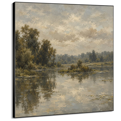 Très grande reproduction d'art sur tissu mural - Rivière Woodland calme avec ciel nuageux pour le salon ou la chambre à coucher - «Assemblage requis du cadre (cadre non fini)»