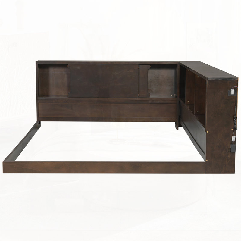 Lit de jour en bois avec tablettes de rangement, USB et DEL, Brown