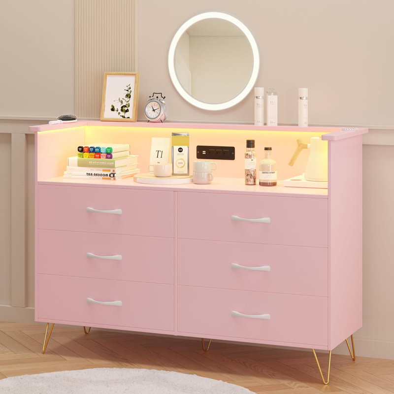Commode avec éclairage à DEL pour 6 tiroirs de chambre à coucher, commodes en bois avec station de charge, Rose