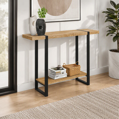 Table d'appoint, console, vestibule, étroit, canapé, salon, chambre à coucher, stratifié aspect bois de manguier, métal noir, contemporain, moderne