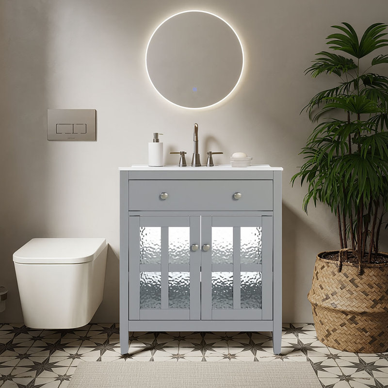 Meuble-lavabo autoportant moderne en bois avec lavabo en céramique, Gris