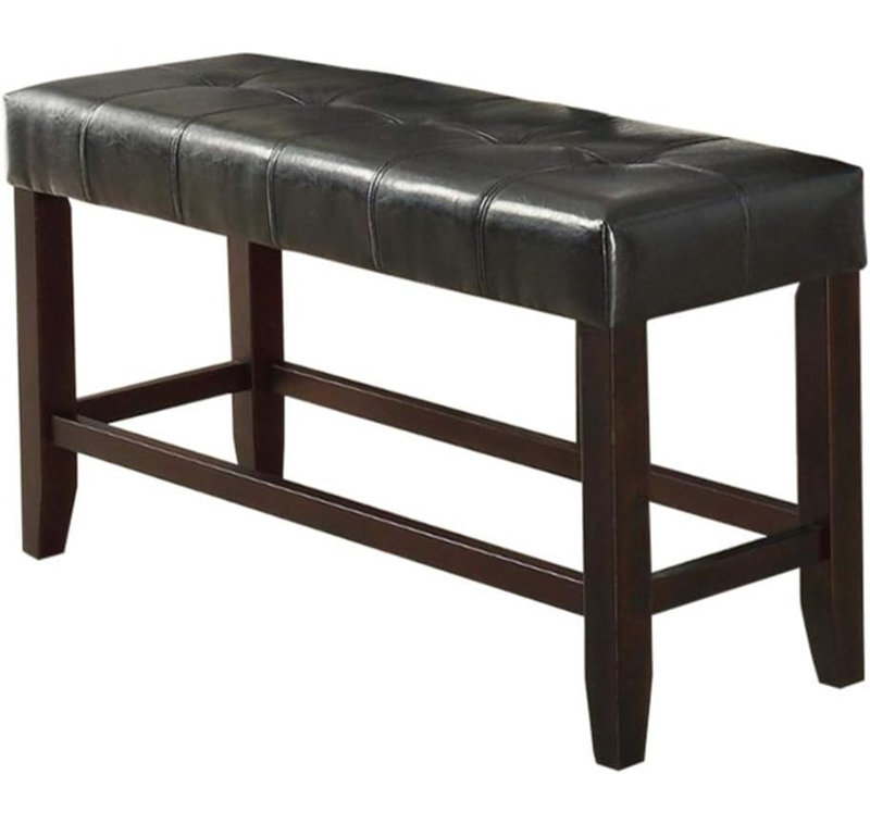 Counter Height 1Pc Bench Dining Room Black Faux Leather Cushion Tufted Seat Wooden Base Comfort Seat Kitchen Dining, Black