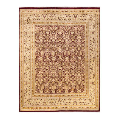 Tapis jaune / ivoire / rouge noué à la main de conception unique 8 pi 1 po x 10 pi 5 po Mogul