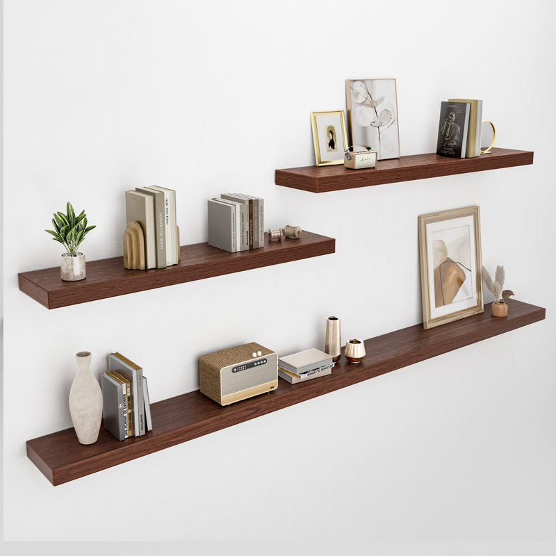 Heurich, 3 tablettes flottantes en bois peint, tablettes murales de salle de bain de 2 pouces d'épaisseur, Bois brun foncé