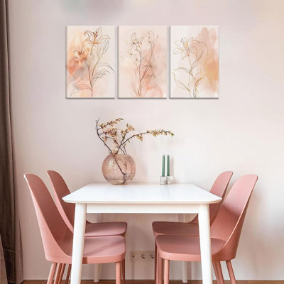 3 Piece Boho Wall Art Floral Canvas Art Prints Lily Pictures Blush Pink Paintings Gold Line Artwork Wall Decor For Bedroom Bathroom Living Room 16X24in Framed