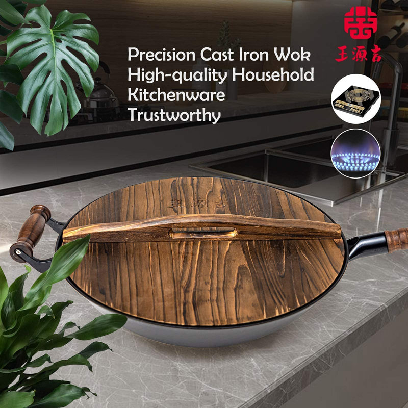 Handcrafted Black Cast Iron Wok with Wooden Lid