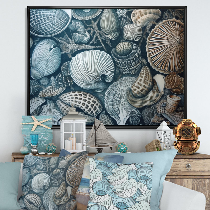 Seaside Seashells I, reproduction d'art sur toile, H 12 po x l 20 po x P 1 po, Cadre flottant noir