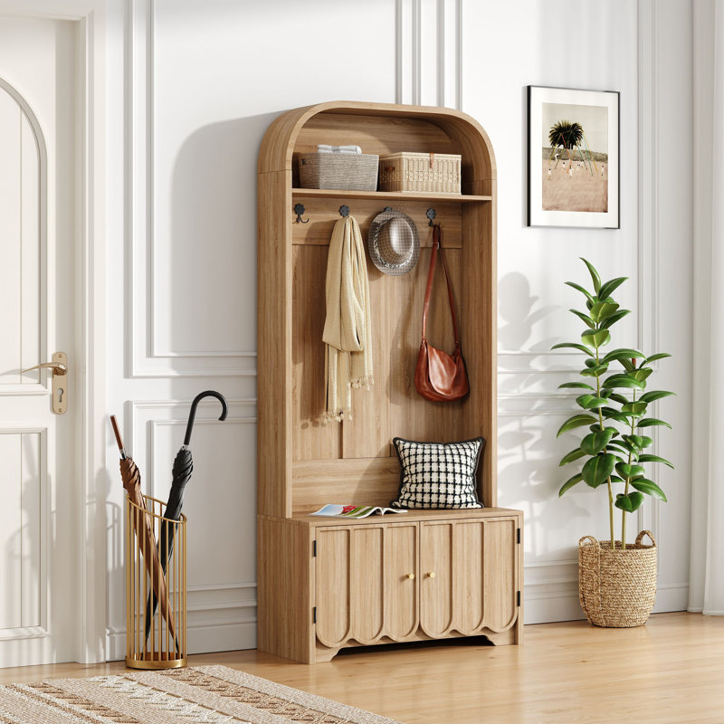 Hall Tree With Shoe Storage Bench, 4-in-1 Entryway Bench With Coat Rack, Natural