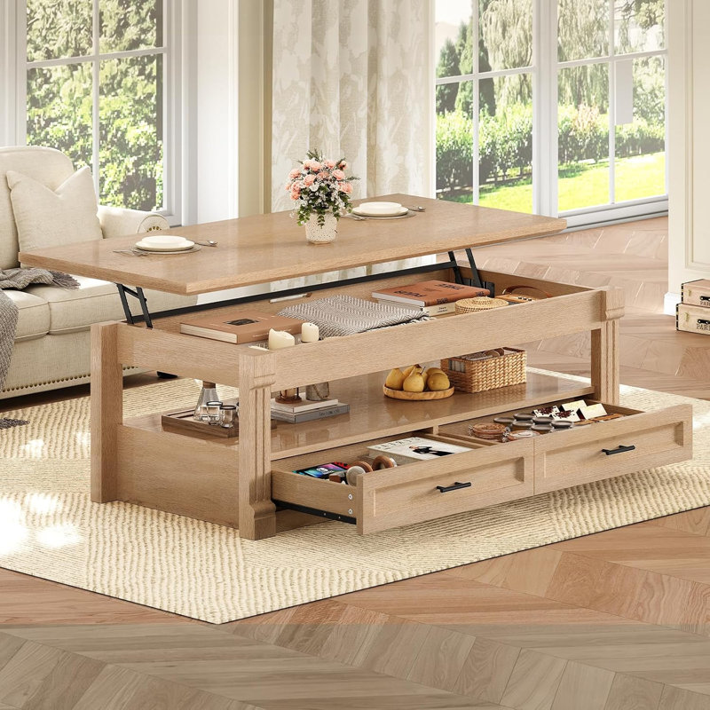 Table basse à plateau relevable avec rangement caché et 2 tiroirs, centre de table en bois de ferme 47,2 po avec mécanisme de levage hydraulique pour le salon, chêne