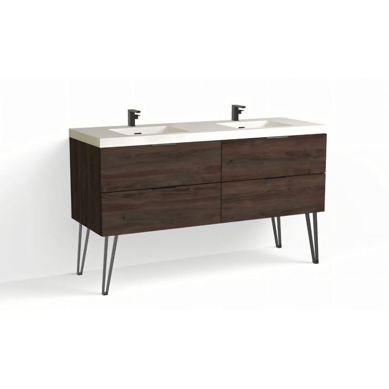 Avila 60" W Freestanding Double Bathroom Vanity with Dawson Leg, Matte Black, Gloss White/Single, White Acrylic