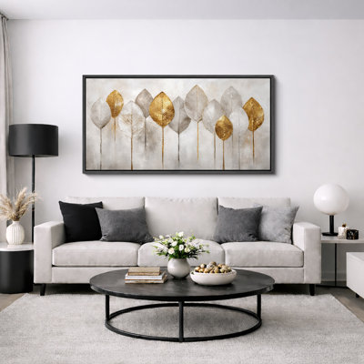Gold and Silver Botanical Leaves Minimalist Nature Wall Decor Extra Large Pictures Framed Canvas Print Wall Art