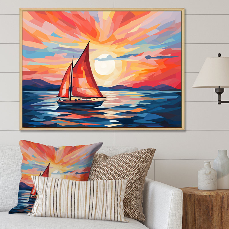 Coucher de soleil sur un bateau à voile II - bateau à voile, art mural, H 24 po x l 32 po x P 1 po, Cadre flottant blanc