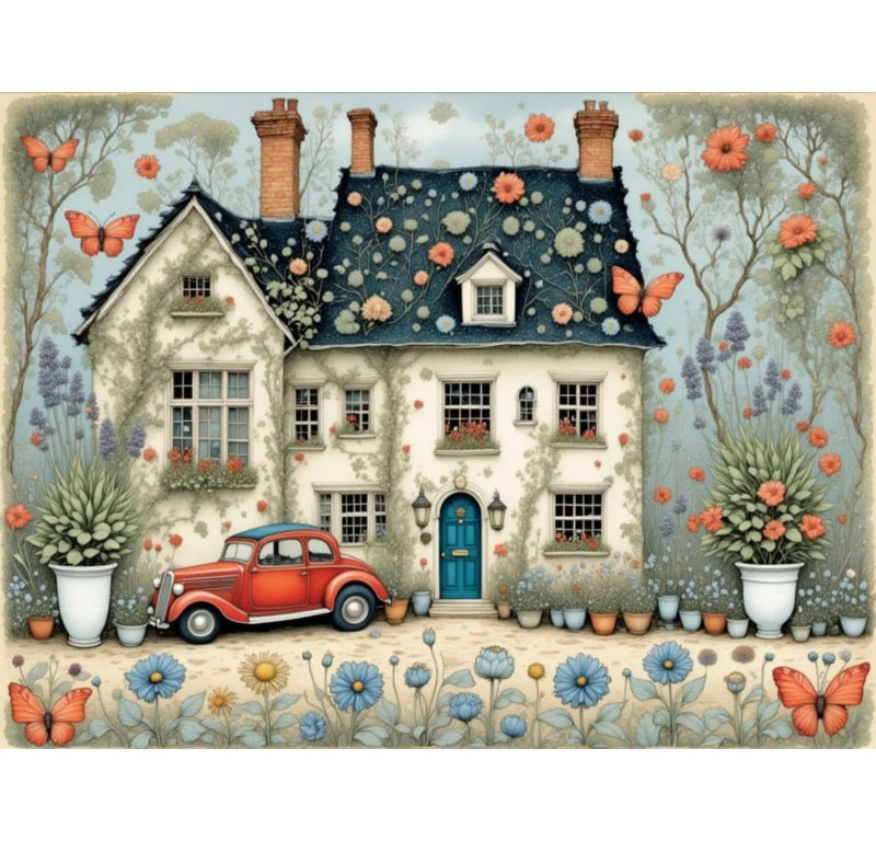 Charmant chalet floral avec voiture rouge, H 36 po x l 48 po