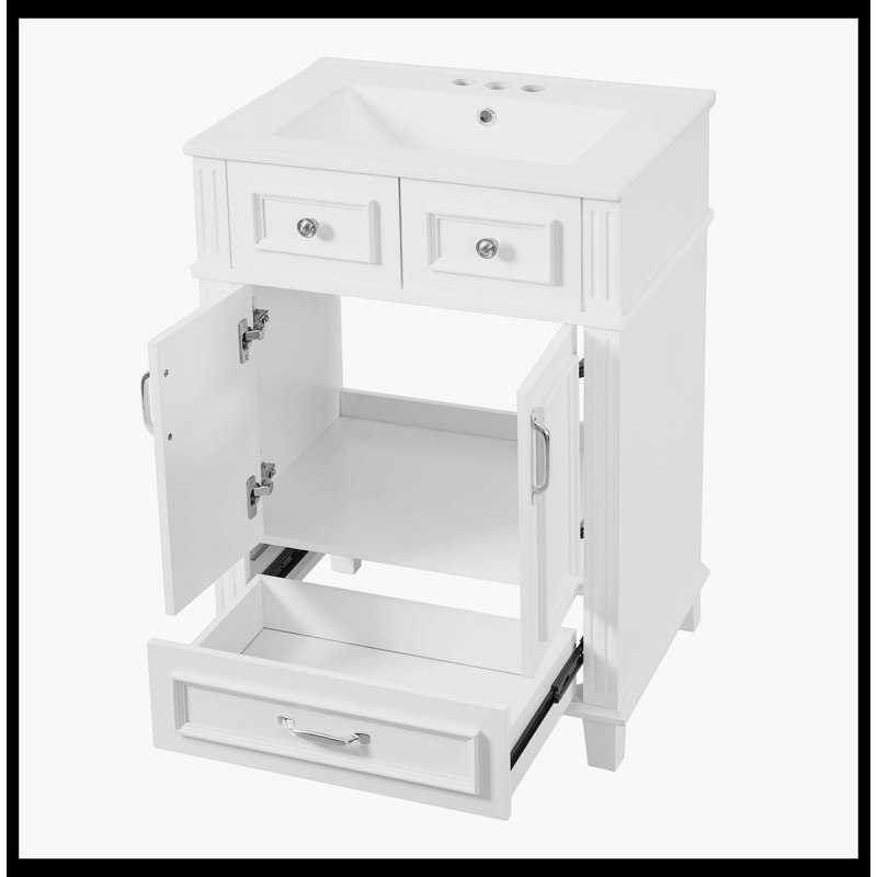 Meuble-lavabo de style rétro 24 po avec lavabo en céramique, armoire en bois massif avec portes à fermeture douce, finition blanche