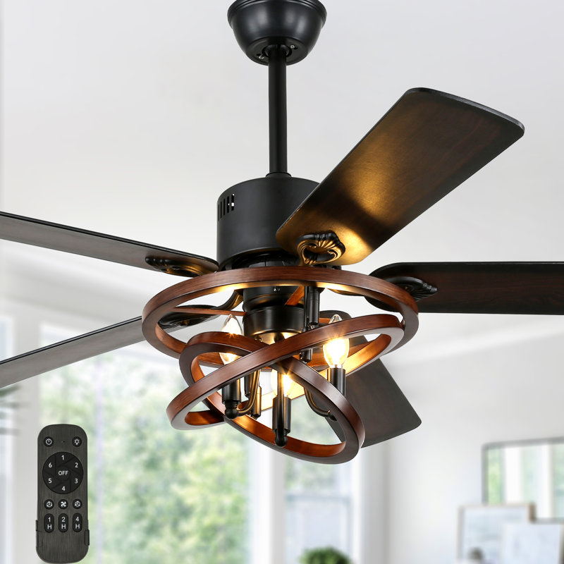 50 Inch Farmhouse Ceiling Fan with Lights, 6-Speed Reversible Quiet DC Motor Rustic Wood Metal Cage Ceiling Fan with Remote