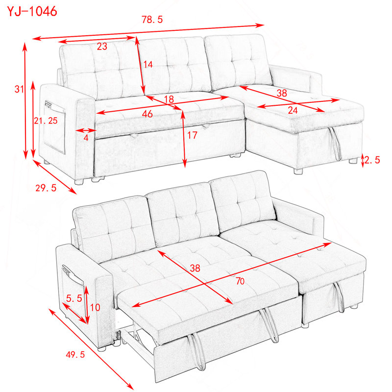 Sleeper Sofa Bed, Reversible Sectional Couch With Storage Chaise And Side Storage Bag