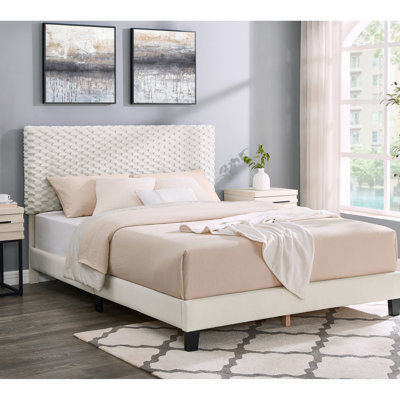White Color Platform Bed - Side Rails Elegant Bedroom 3D Upholstered Queen And Plywood Frame Contemporary Look