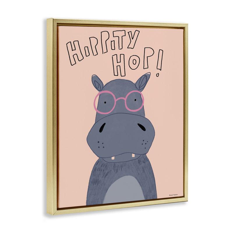 Cadre flottant Hippity Hop Hippo, design par Rachel Nieman, Cadre flottant métallique doré, H 21 po x l 17 po