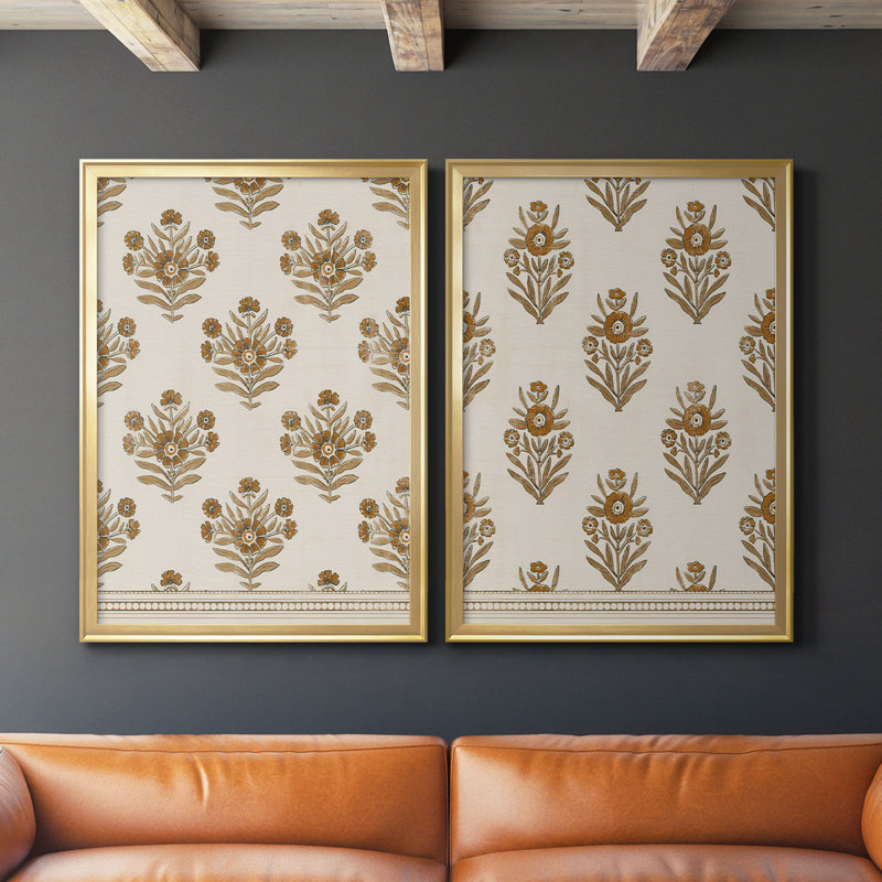 «Block Block Blooms I», ensemble de 2 reproductions sur toiles encadrées, H 30,5 po x l 45 po x P 1,25 po, Or