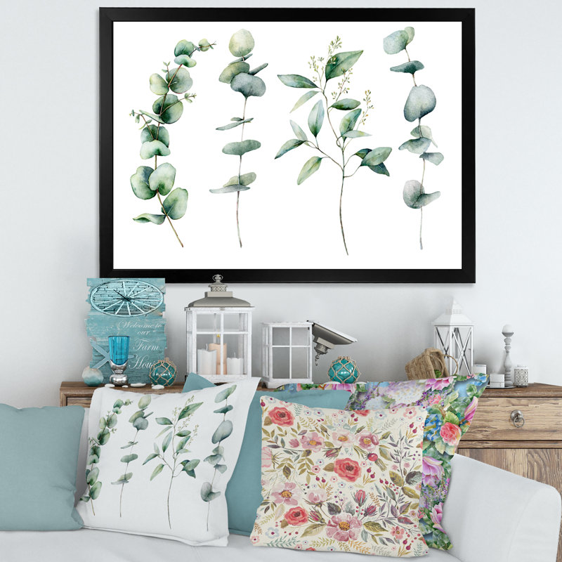 Green Eucalyptus Branches I - peinture sur toile, H 30 po x l 40 po x 1,5 po, Cadre photo noir