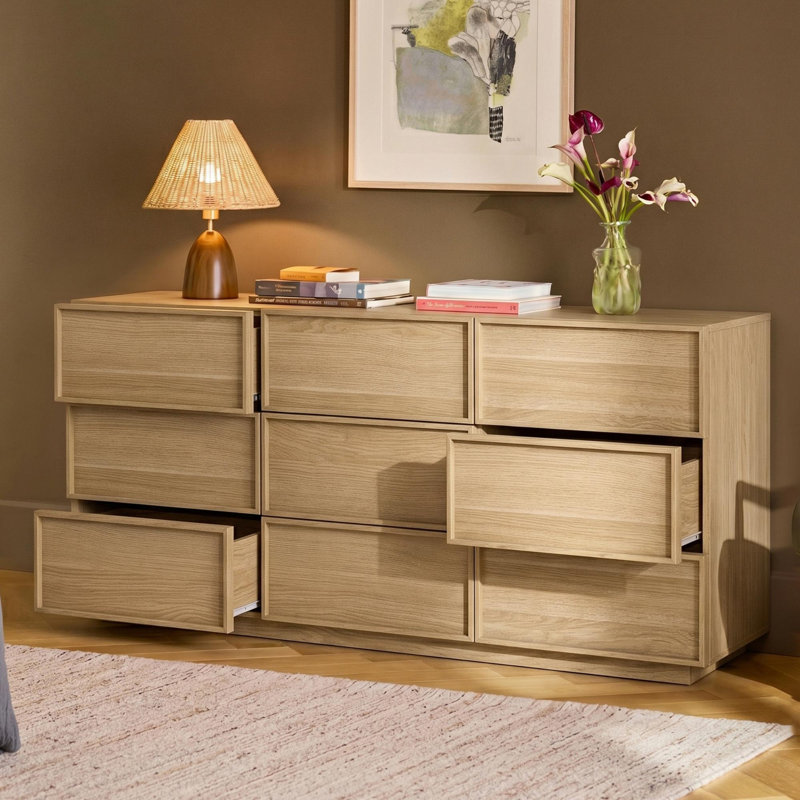 Commode 9 tiroirs en bois avec grand espace de rangement Abbate, Naturel