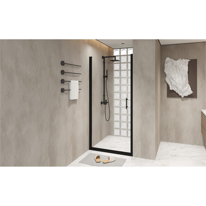 28"x 72" Matte Black Half-Frame Pivot Shower Door, 1/4" Tempered Glass, Explosion-Proof Film, Stainless Steel Handle