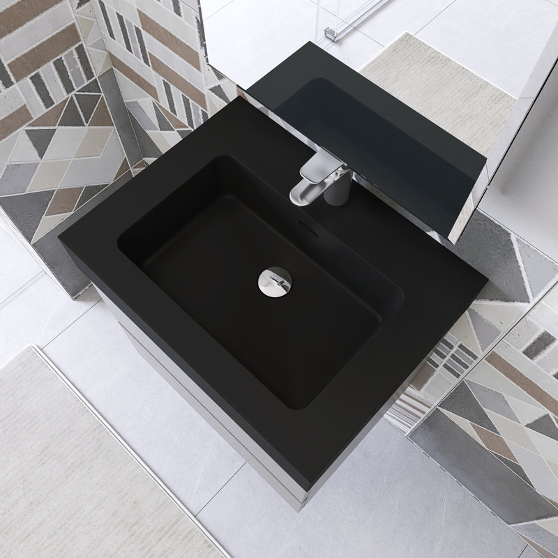 Meuble-lavabo simple 24 po avec plateau Kansiray, Noir mat, Gris