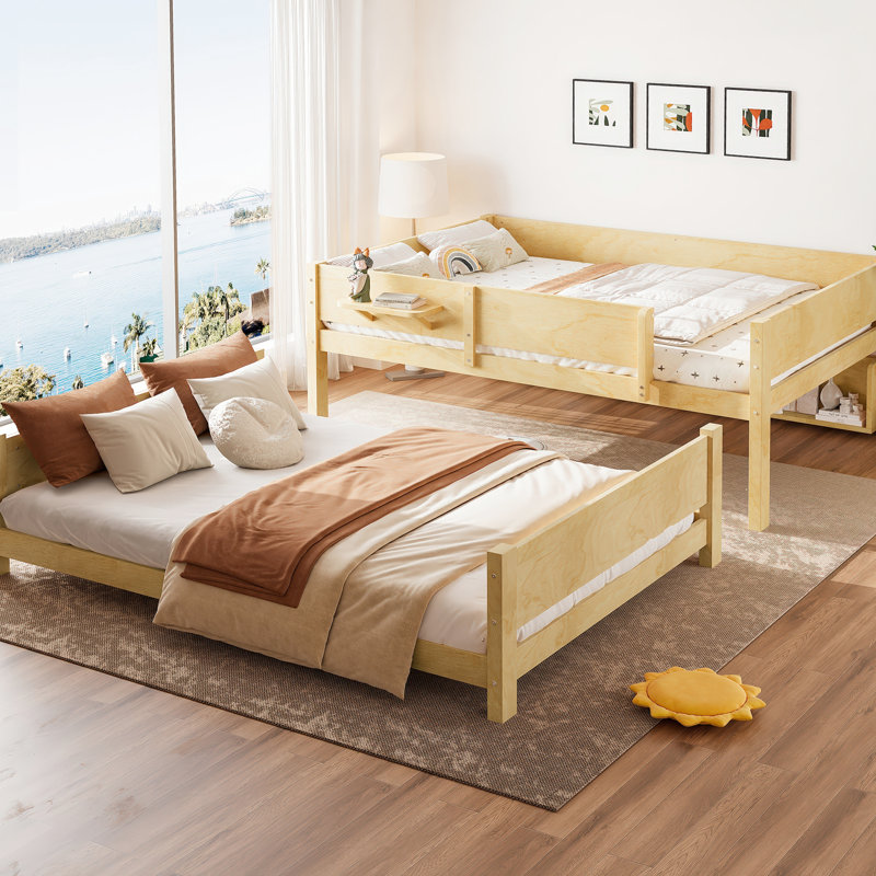 Grand lit superposé avec lattes améliorées, tablettes de rangement et plateau, bois de pin au design en contreplaqué naturel