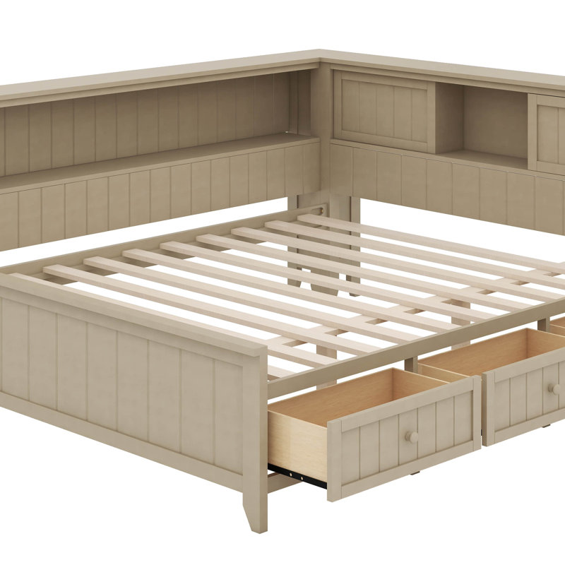 Lit de jour en bois avec tablettes et tiroirs de rangement, Lit double