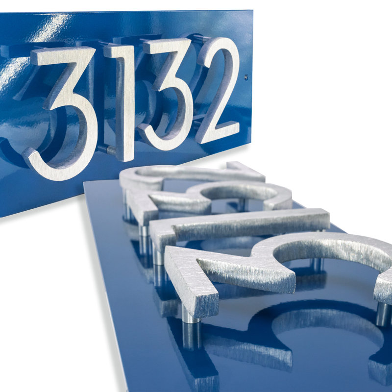 Floating Modern 4" Number Horizontal Address Plaque (4 Digits), Sea Blue, Brushed Aluminum, Yes