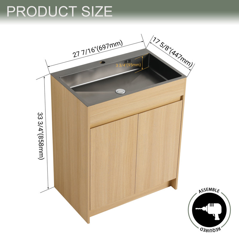 Meuble-lavabo autoportant de 28 pouces avec lavabo en acier inoxydable et tuyau de vidange flexible, 2 portes à fermeture douce