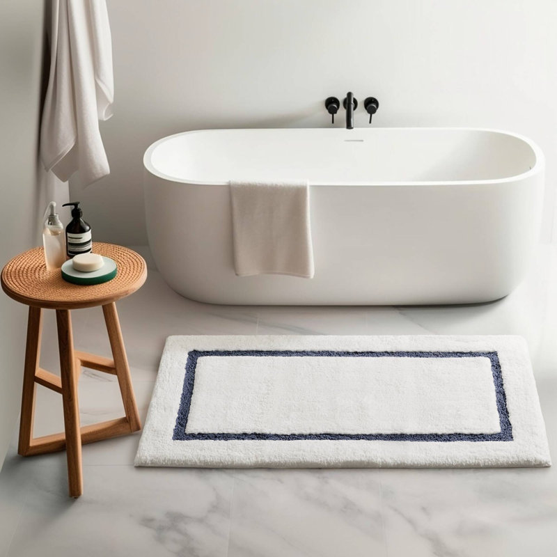 Roan Border Soft Plush Tufted 24x48'' Bath Rug, White/Navy, 48" L x 24" W