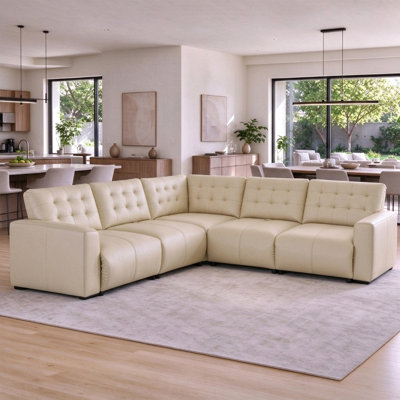 L-Shaped PU Leather 5-Seater Oversized Sectional Sofa with Adjustable Backrests, FSC-Certified Faux Leather Sleeper Couch,Beige
