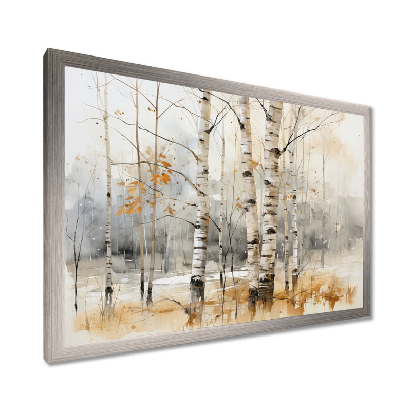 «Winter Birch Wood Forest I - Tree Birch», art mural, Cadre de coin argenté fermé, H 30 po x l 40 po x P 1,5 po