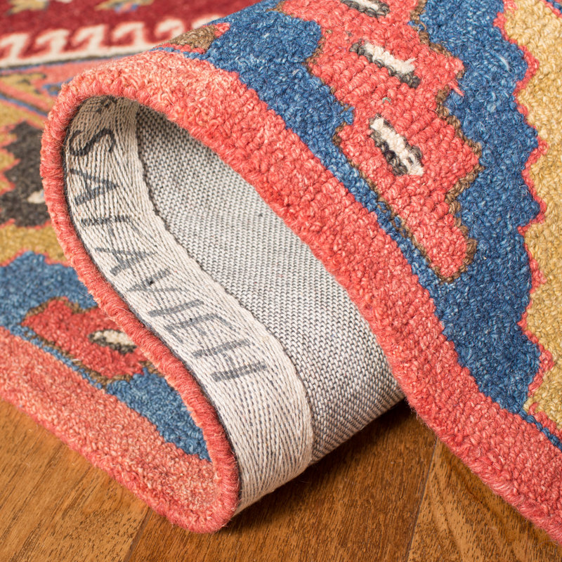 Tapis bleu / rouge en laine et coton touffeté à la main Vahakn, Rond 3 pi