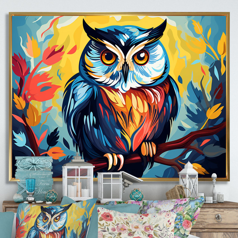 Chouette colorée Popart Watchers III - hibou, art mural animal, Cadre flottant doré, H 30 po x l 40 po x P 1,5 po