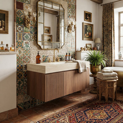 30/36/48" Floating Bathroom Vanity With Roma Travertine Sintered Stone Top, Plywood Cabinet With Ceramic Basin & 3 Pre-Drilled Holes, Brown Oak