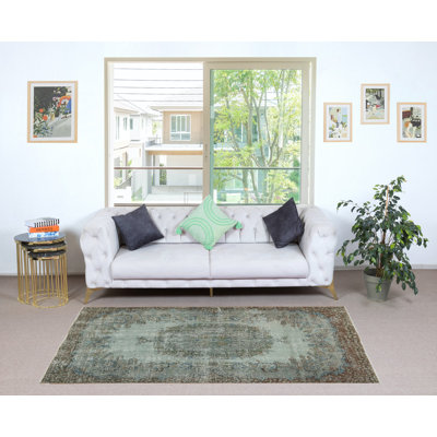 Tapis bleu 4 pi x 7,5 pi avec motif médaillon moderne fabriqué à la main en Turquie